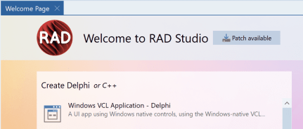 The 'Patch Available' button shown in the RAD Studio Welcome screen