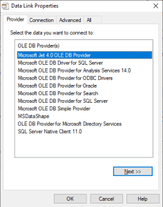 This Is How To Use ADO And FireDAC With Databases - ADO Data Link Provider - Select Microsoft Jet 4.0 OLE DB Provider