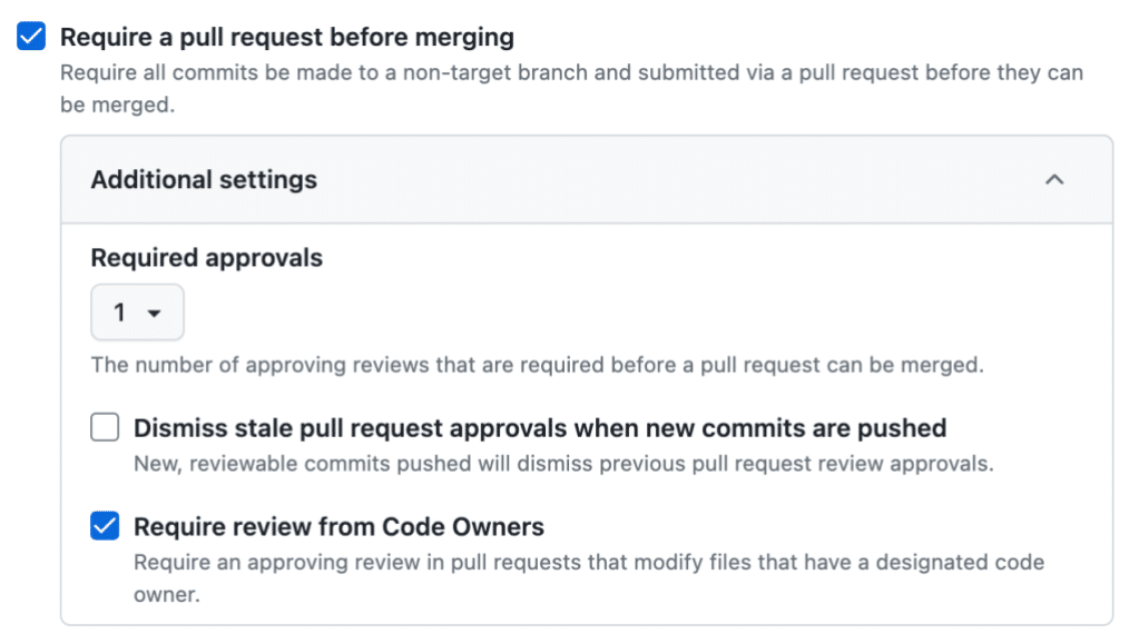Screenshot. The settings "require a pull request before merging" and "Require review from code owners" are selected.