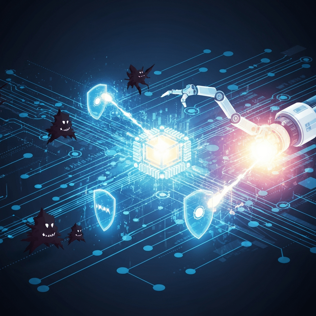 Automated Vulnerability Remediation Tools showcasing a complex network infrastructure, represented by interconnected glowing nodes and flowing data streams. Dark, abstract cyber threat icons (like jagged digital shards or menacing shadowy figures) are attempting to penetrate the network perimeter. Simultaneously, a bright, intelligent automated system, perhaps depicted as a glowing central processor or an agile robotic arm, is swiftly identifying, neutralizing, and patching these vulnerabilities with precise energy beams and glowing shields, preventing breaches. The style should be modern, clean, and evoke a sense of speed and proactive defense.