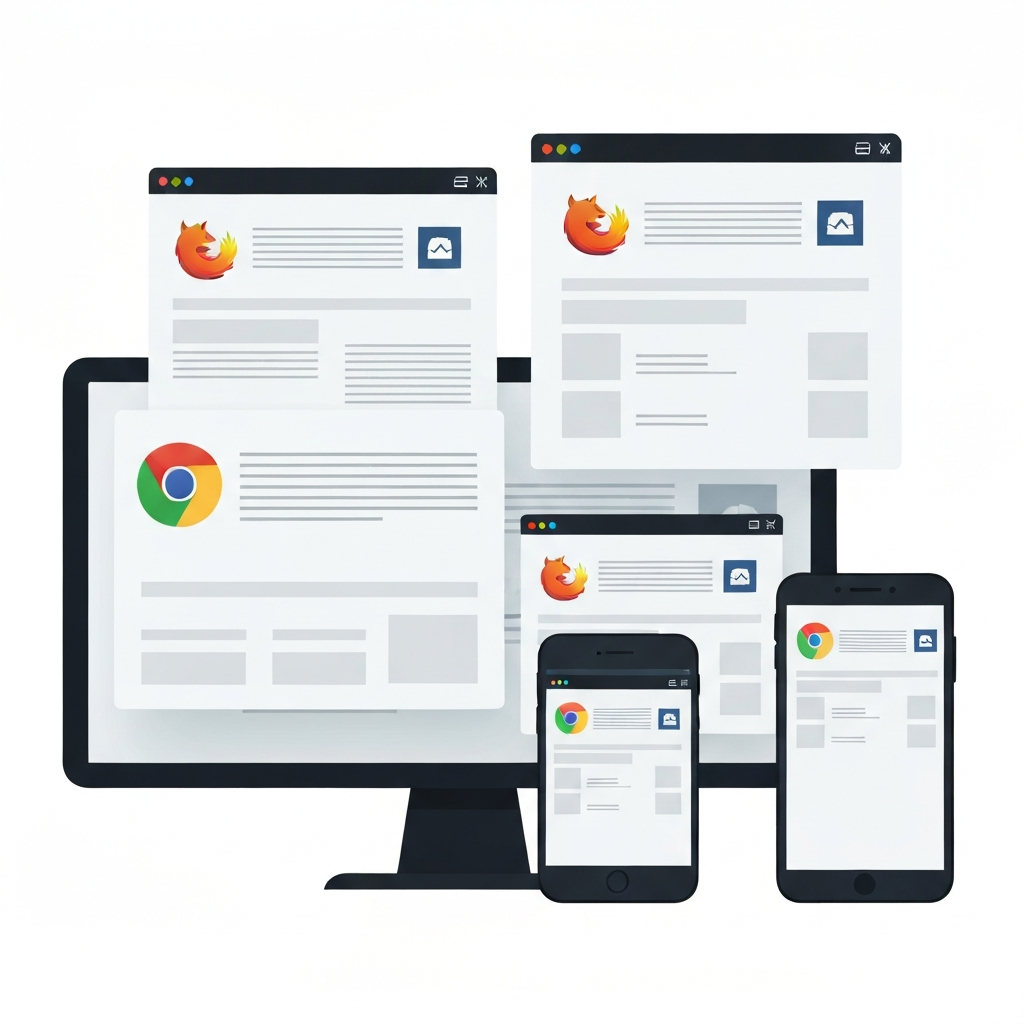 A visually striking flat illustration depicting a modern, generic web application interface. This interface is perfectly rendered and consistent across a series of overlapping, stylized browser windows (representing Chrome, Firefox, Safari, Edge). The browser windows are arranged on a desktop monitor, a tablet, and a smartphone, all displaying the exact same flawless content, symbolizing universal compatibility and a seamless user experience. The background is clean and minimalistic, emphasizing the digital perfection.