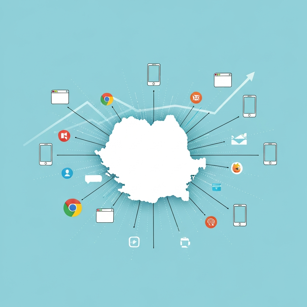 An infographic-style illustration centered around a stylized, minimalist map of Romania. Digital network lines and subtle data flow patterns radiate outwards from the map, connecting to various generic browser icons (e.g., Chrome-like, Firefox-like, Safari-like) and mobile device silhouettes. A subtle upward trend graph or an abstract representation of increasing internet penetration hovers in the background, signifying the country's booming digital economy and expanding online reach. The color palette is modern and vibrant, reflecting technological growth.
