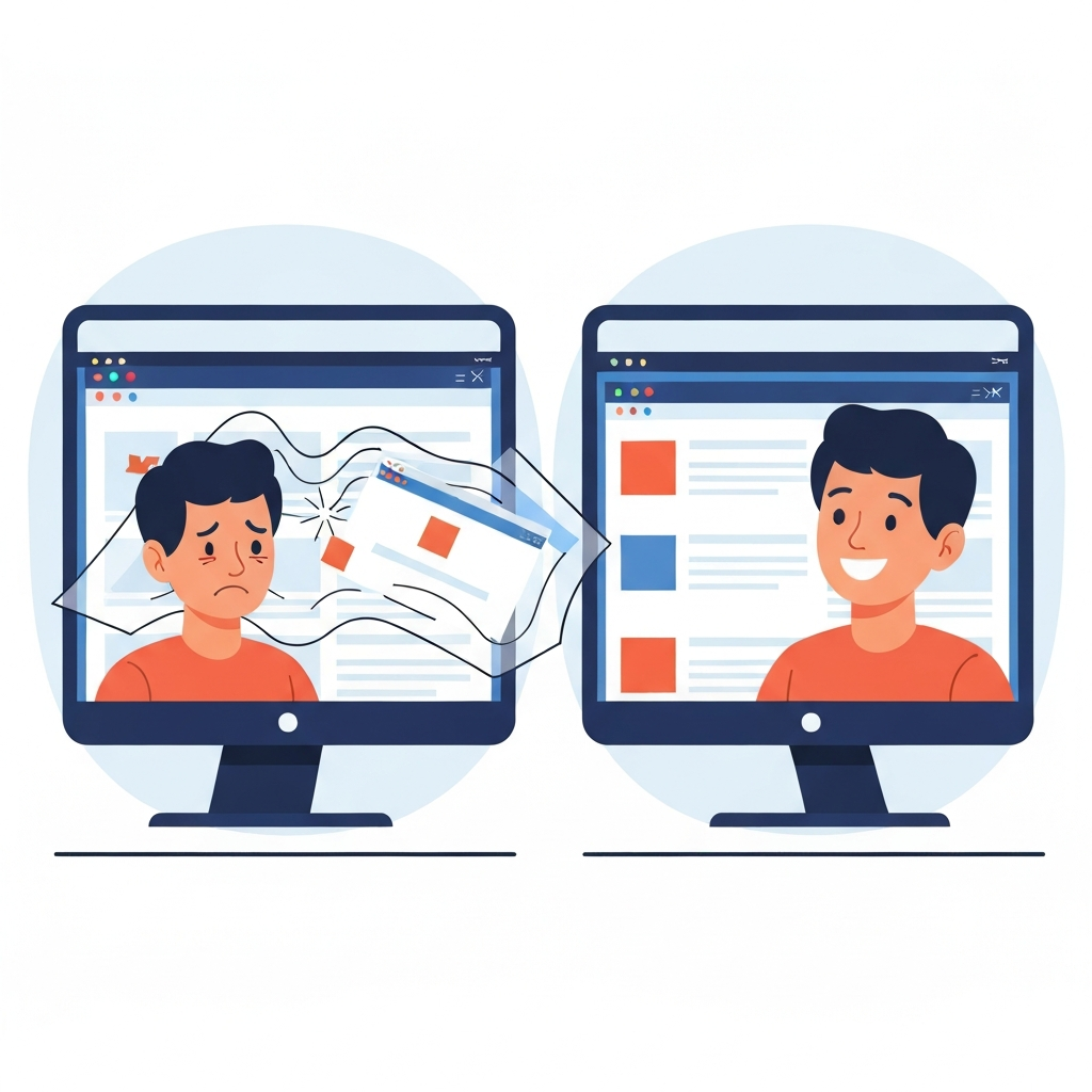 A compelling modern vector illustration using a split-screen or 'before and after' concept. On the left side, a frustrated user avatar looks at a distorted, broken web page display on a generic monitor, with elements out of place or missing. On the right side, the same user avatar smiles contentedly, viewing a perfectly rendered, functional, and visually appealing web page on another monitor. This contrast visually represents the benefits of proper browser testing leading to enhanced user experience and higher engagement.