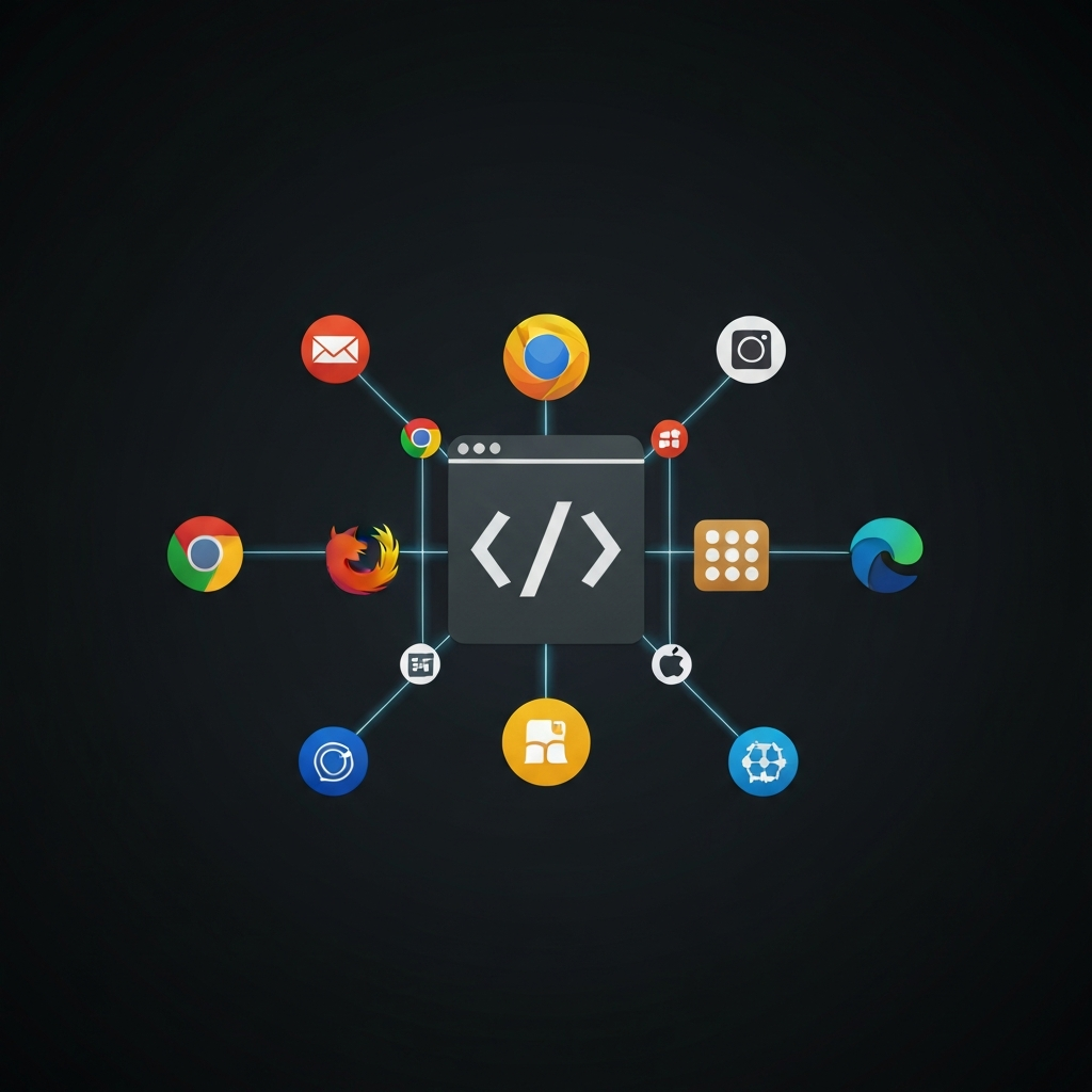 A professional 3D rendering or a sleek iconographic illustration showcasing a central, abstract web page element or a 'code' icon. Around this central element, various recognizable modern browser logos (e.g., Google Chrome, Mozilla Firefox, Apple Safari, Microsoft Edge) are symmetrically arranged. Subtle, glowing connection lines or energy flows emanate from the central element, extending cleanly to each browser logo, visually representing the crucial need for seamless cross-browser compatibility and consistent performance across different platforms.