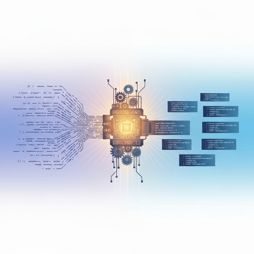 Visualize a dynamic, abstract representation of the C++ compilation pipeline. On the left, a cascade of intricate, uncompiled code snippets appears as flowing data streams, symbolizing human-readable source code. These streams converge into a central, glowing, futuristic compiler engine depicted as a complex mechanism with gears and circuits. From the right side of the compiler, highly optimized, compact blocks of machine code emerge, radiating efficiency and speed. The overall aesthetic should be a flat illustration with a gradient background, suggesting a seamless transformation from complex raw input to streamlined, executable output.