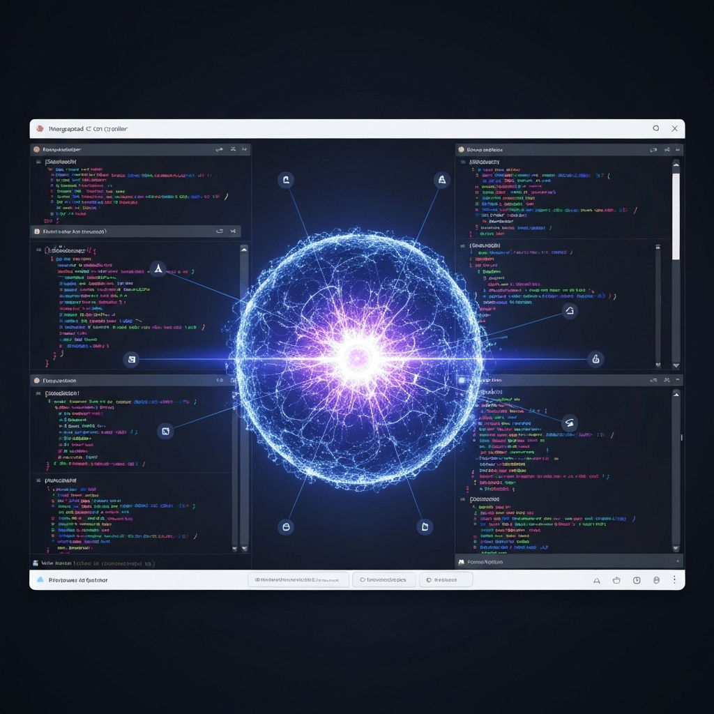 Illustrate a modern, clean integrated development environment (IDE) interface with multiple panes displaying stylized, unreadable code patterns in varying colors. The central focus should be a vibrant, abstract energy core or glowing sphere within the IDE, radiating outwards to connect different functional areas like debugging, code editing, and project management. This core symbolizes an integrated, highly optimized C++ compiler, emphasizing efficiency and power. The style should be sleek digital art with a slight futuristic feel, using a color palette that conveys productivity and innovation.