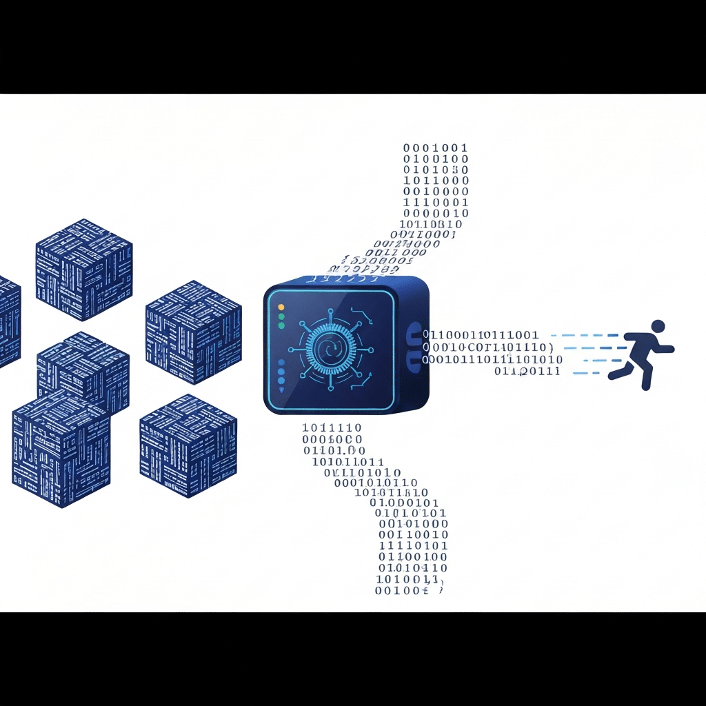 A modern, clean flat illustration depicting the C++ compilation pipeline. On the left, stylized blocks of abstract code, perhaps resembling building blocks or intricate patterns, representing human-readable C++ source. In the center, a sleek, powerful, and intelligent-looking 'compiler' module, with subtle gears or processing lights indicating activity. From this central module, a stream of highly optimized, compact binary code flows to the right, leading towards a simplified representation of a fast, running application icon. The overall visual should convey speed, precision, and transformation.