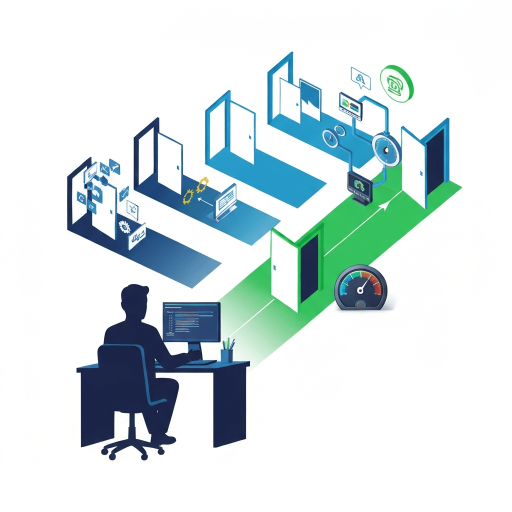 An infographic-style illustration showcasing a developer making a crucial choice. A stylized human silhouette sits at a desk, looking at several pathways or doors, each representing a different C++ compiler option. One prominent path, highlighted with vibrant green and blue, clearly leads to a visually streamlined and integrated development environment, symbolized by interconnected tools and a speedometer indicating high performance. Other paths appear more fragmented or complex. The image should visually convey the advantages of an integrated, optimized solution for faster and superior C++ development.