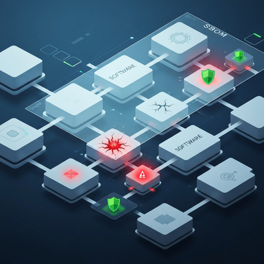 A dynamic, modern infographic-style illustration showing a complex software supply chain. Visualize interconnected abstract modules representing software components and their dependencies, forming a digital network. Subtly, some modules should display visual indicators of potential hidden vulnerabilities or risks (e.g., faint red glows, cracks, or a shadowy threat). A transparent, digital scanning layer, conceptually representing an SBOM, sweeps across this chain, illuminating and highlighting these previously unseen risks, transforming them into clear, identifiable alerts (e.g., distinct red warning symbols, green shields for secure components). The aesthetic should convey enhanced visibility and proactive security within the supply chain. sbom examples