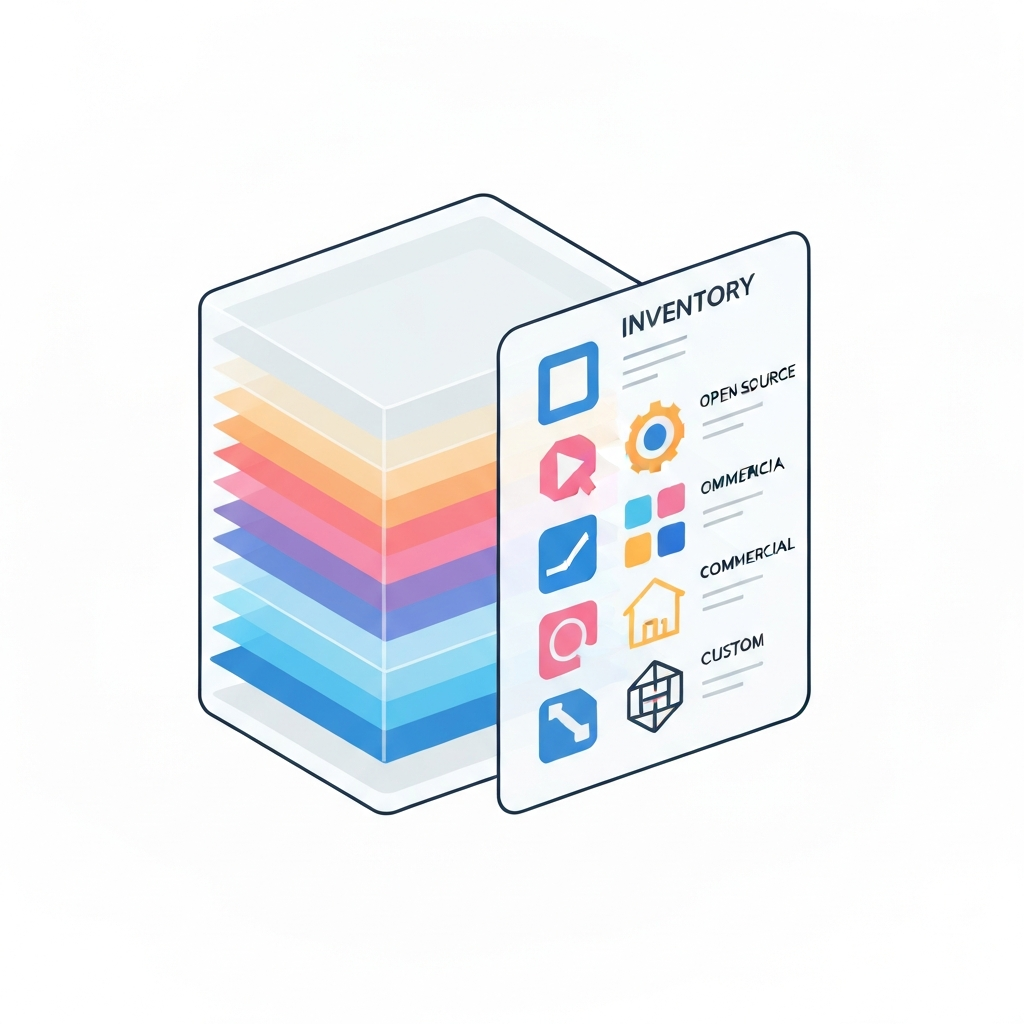 A modern, flat illustration depicting a translucent, layered digital cube or package representing a software product. Attached to its side is an abstract, visually organized 'label' showing a breakdown of its internal components. These components are represented by various distinct shapes and colors, some subtly indicating open-source, commercial, or custom origins. The overall aesthetic should convey transparency, inventory, and detailed composition, akin to a stylized ingredient list for software. Clean lines and a vibrant, professional color palette.