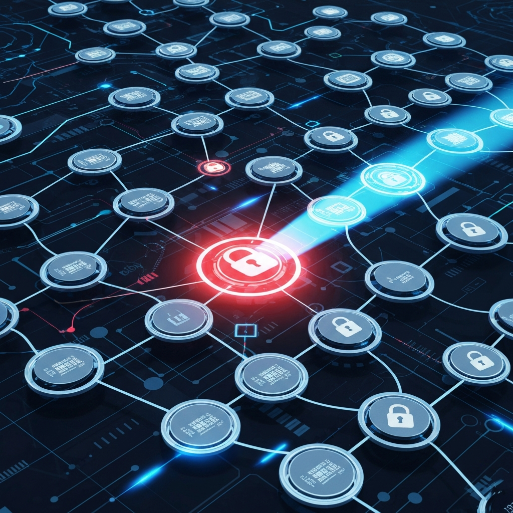 An abstract, futuristic infographic style illustration of a complex software supply chain. It features numerous interconnected nodes, representing various software components (libraries, modules, dependencies), linked by dynamic lines. One or more of these nodes should be subtly highlighted with a glowing red aura or a 'broken lock' icon, indicating a vulnerability. A 'scanner' or 'magnifying glass' effect, represented by a focused blue light beam, is actively isolating and illuminating this specific vulnerable component within the vast network, symbolizing rapid identification and enhanced security. Dark, tech-inspired background with glowing elements.