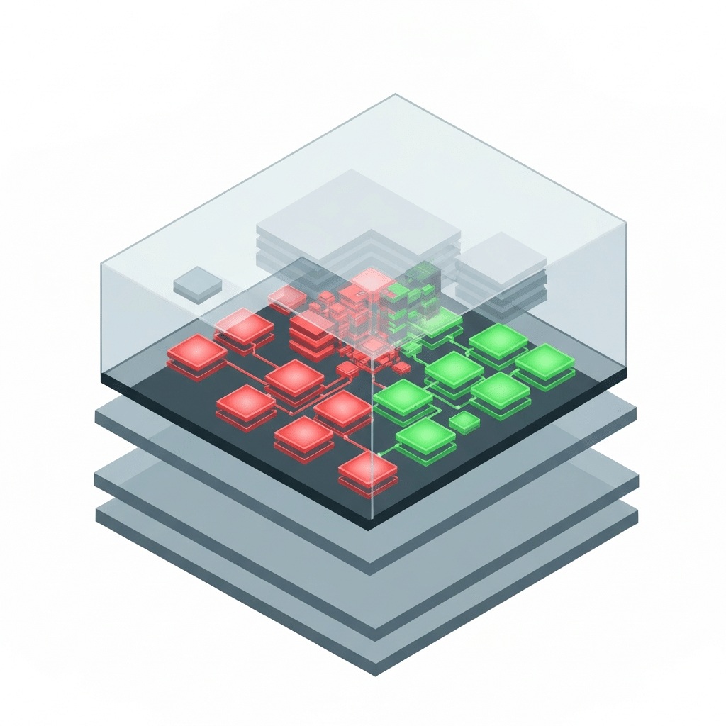 A clean, crisp flat illustration depicting a complex, multi-layered digital structure representing software. Parts of this structure are visually transparent, allowing for a clear view into its inner workings. Inside, numerous interconnected modular components are visible, some subtly glowing red to signify potential vulnerabilities, while others glow green indicating secure elements. The overall visual should evoke a sense of deep insight and clarity into software composition, akin to an X-ray or a detailed architectural blueprint, emphasizing transparency in the software supply chain. The aesthetic should be modern and professional.