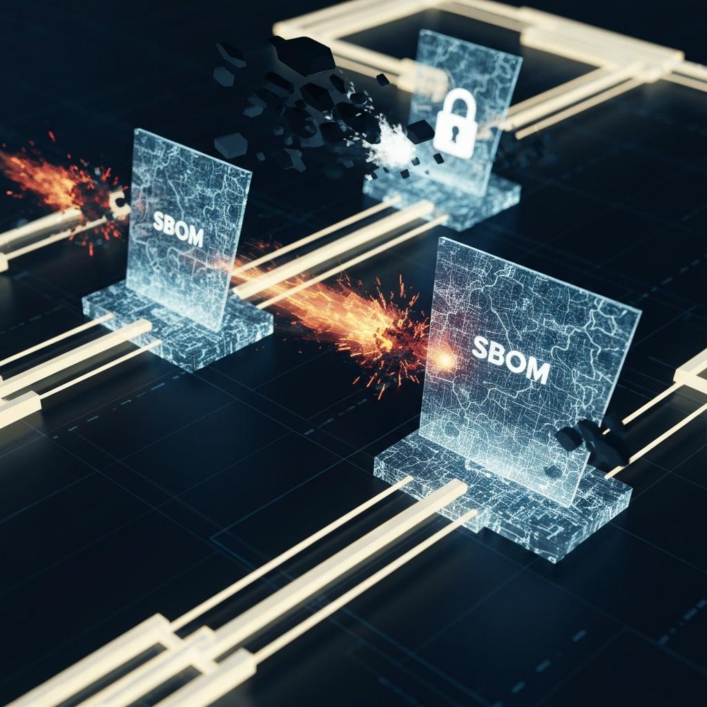 A dynamic digital art illustration showcasing a digital software supply chain, represented by a series of interconnected, glowing data pathways or blocks flowing across the scene. Abstract, shadowy digital threats, such as fragmented code or ominous lock icons, are depicted attempting to breach these pathways. Protecting key junctures and sections of the supply chain is a prominent, transparent, and intricately detailed digital map or barrier, visually representing the SBOM. This protective element is actively deflecting or highlighting the incoming cyber threats, emphasizing robust security and proactive defense against supply chain attacks. The style should feel futuristic and professional.