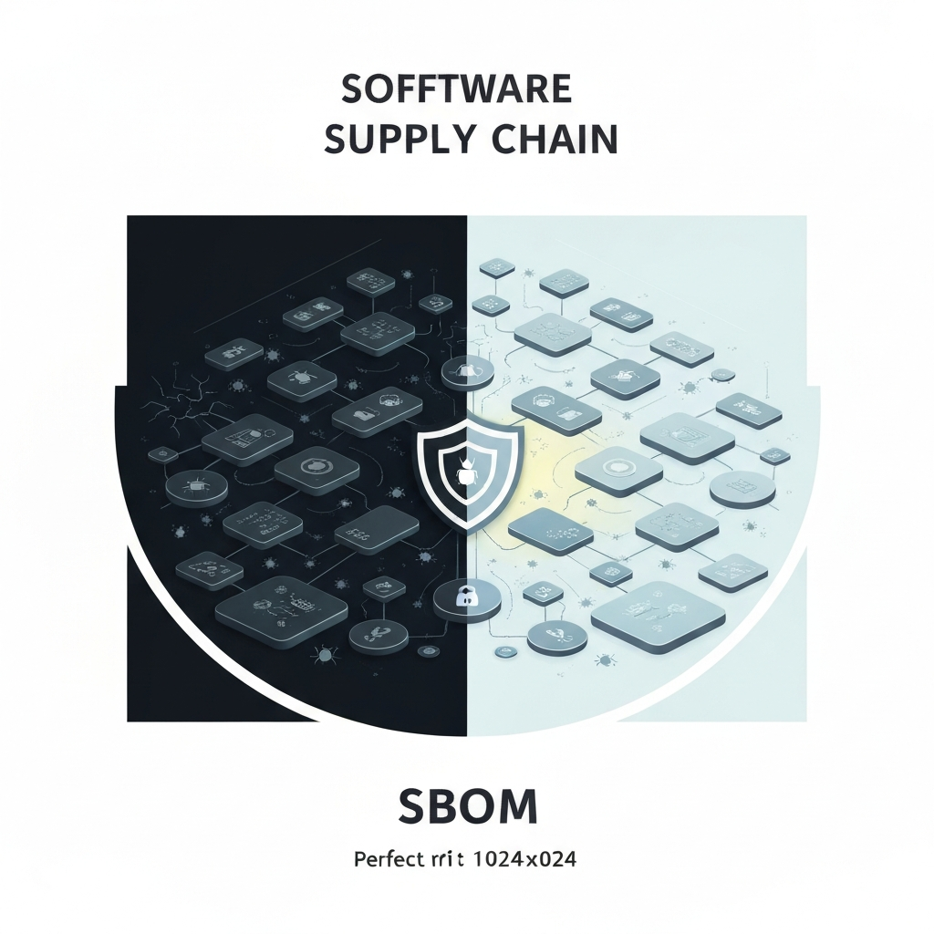Software Bill of Materials An infographic-style illustration contrasting a vulnerable software supply chain with a secure one, emphasizing the role of an SBOM. On the left, a chaotic, dark, and tangled network of interconnected digital components, with subtle visual cues of hidden vulnerabilities or lurking threats (e.g., small, shadowy bug icons or cracked connections). On the right, the same software supply chain is transformed into a clean, well-organized, and brightly lit network. An abstract shield or spotlight icon representing the SBOM is prominently featured, illuminating and protecting each component, symbolizing enhanced security, transparency, and risk mitigation in a digital environment.