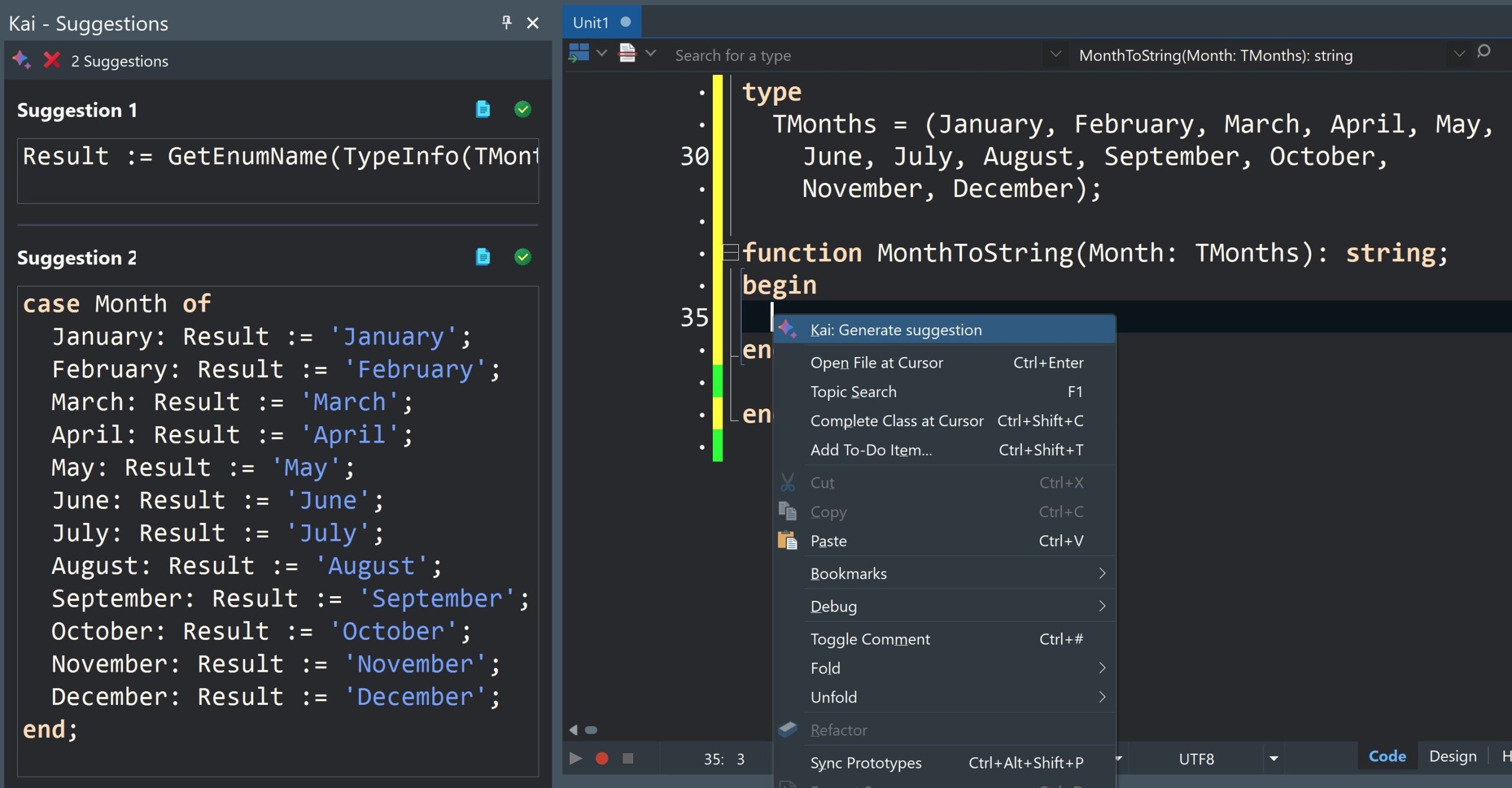 Embarcadero KAI Inline AI code completion Delphi